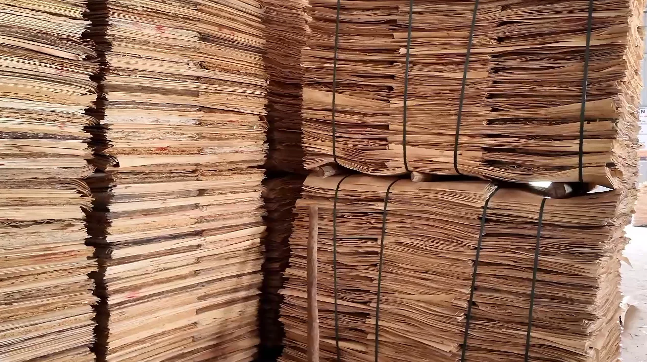Stacks of wood veneer at a manufacturing facility in Vietnam